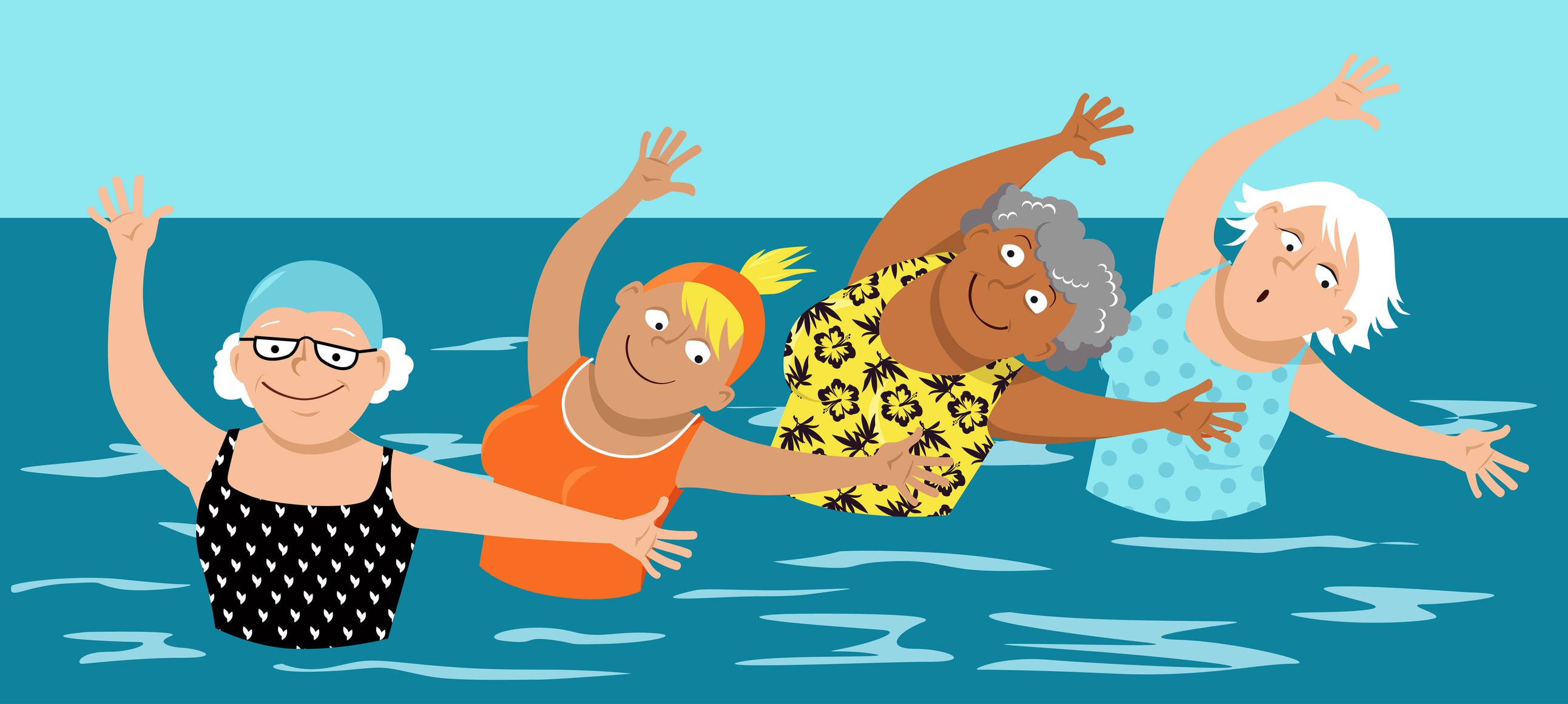 Group of mature women doing water aerobic exercises, EPS 8 vector illustration